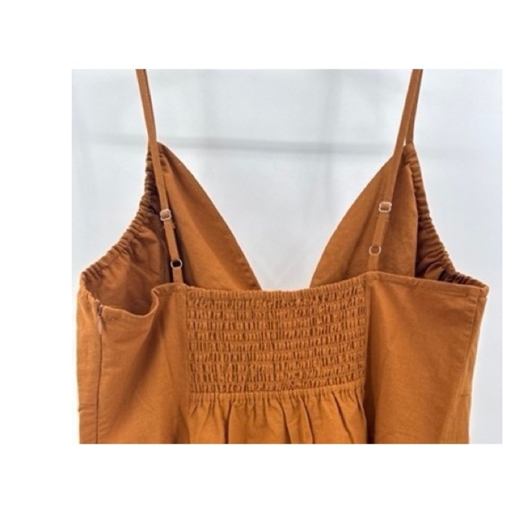 Anthropologie NEW Tan Linen Tie Front Smocked Mini Dress 2X Boho Coastal Curvy - Picture 9 of 9